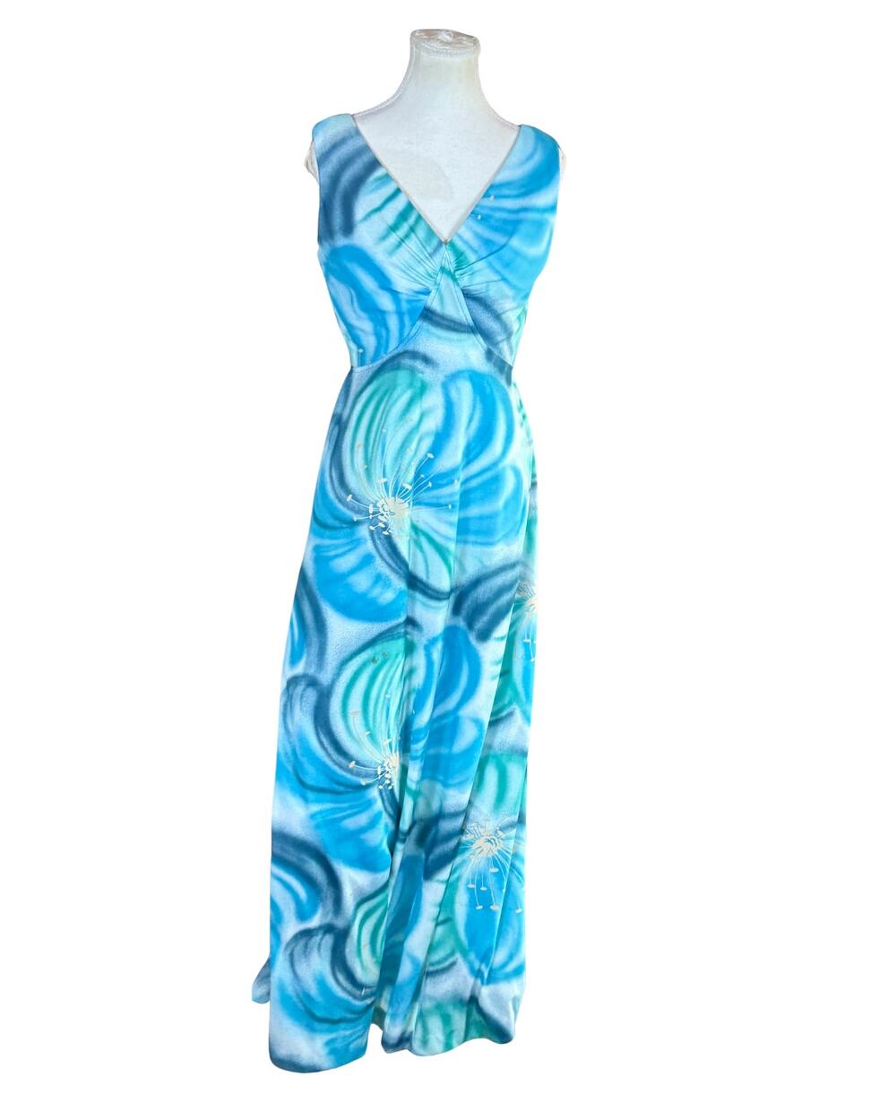 Vintage 1970s Psychedelic Floral Maxi Dress Blue Aqua Teal V-Neck Boho Size 10